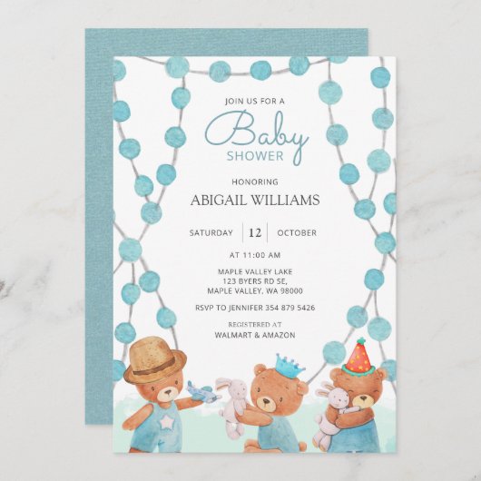 Cute Waterverf Teddy Bear Baby shower Invitation Kaart (Voorkant / Achterkant)