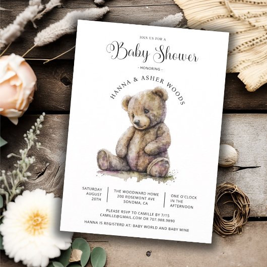 Cute Waterverf Teddy Bear Baby shower Kaart