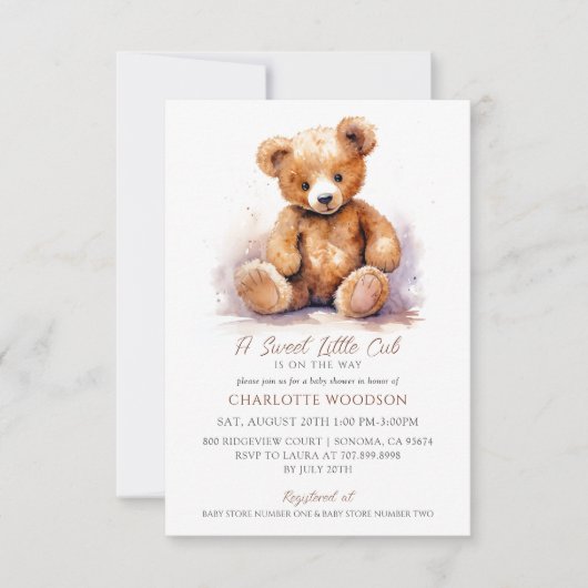 Cute Waterverf Teddy Bear Baby shower Kaart (Voorkant)