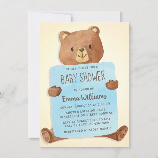 Cute Waterverf Teddy Bear | Jongen Baby shower Kaart (Voorkant)