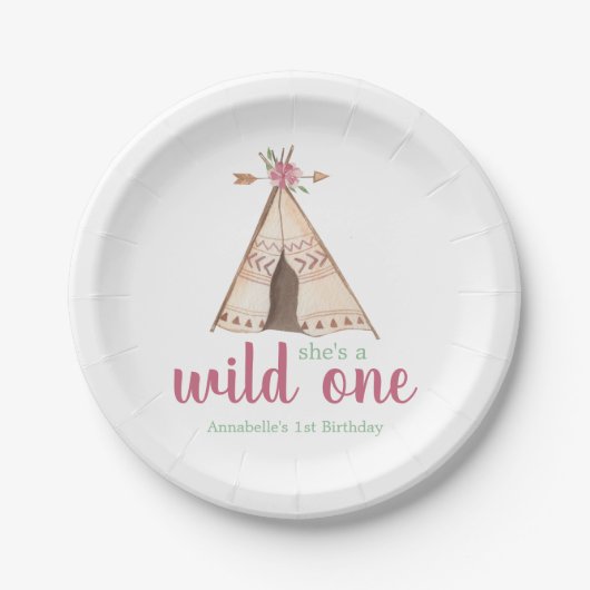 Cute Waterverf Teepee Boho 1e verjaardag Papieren Bordje (Voorkant)