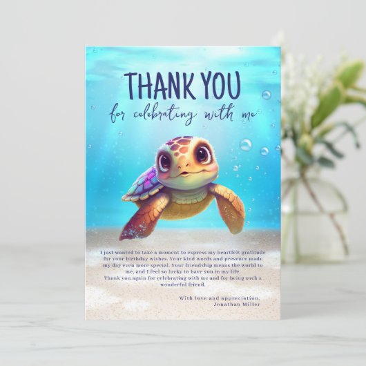 Cute Waterverf Turtle Birthday Foto Bedankkaart (Staand voorkant)