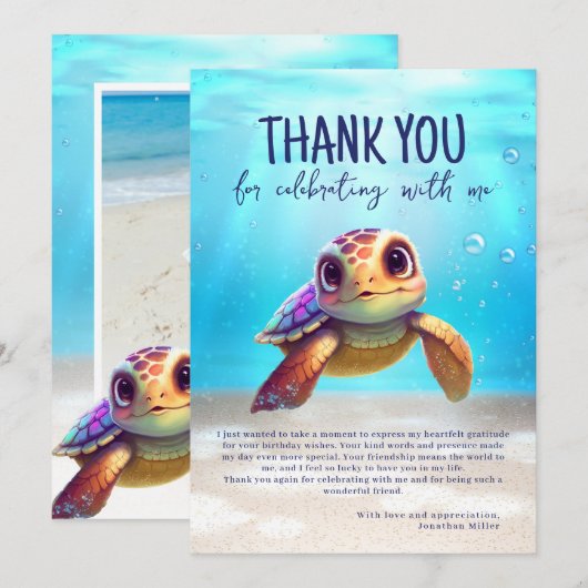 Cute Waterverf Turtle Birthday Foto Bedankkaart (Voorkant / Achterkant)