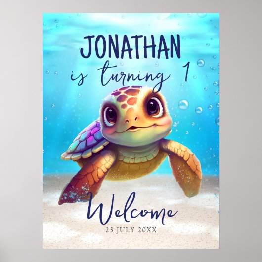 Cute Waterverf Turtle Birthday Welcome Sign. Poster (Voorkant)