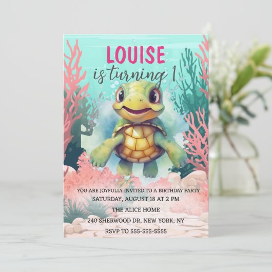 Cute Waterverf Turtle under the Zee Birthday Kaart (Staand voorkant)