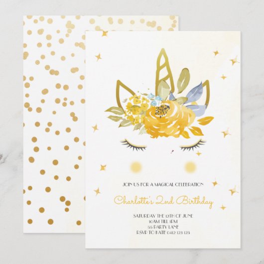 Cute Waterverf Unicorn gele uitnodiging (Voorkant / Achterkant)