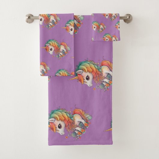 Cute waterverf unicorn, lavender bad handdoek (Insitu)