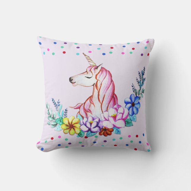 Cute Waterverf Unicorn met Florals Kussen (Voorkant)