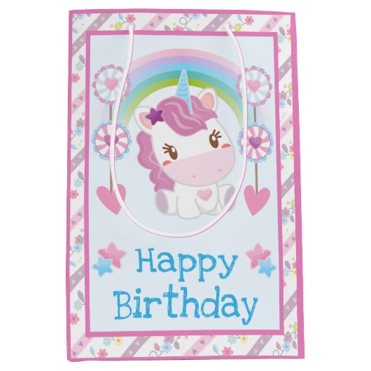 Cute Waterverf Unicorn & Rainbow Birthday Medium Cadeauzakje (Voorkant)