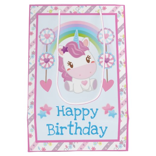 Cute Waterverf Unicorn & Rainbow Birthday Medium Cadeauzakje (Achterkant)