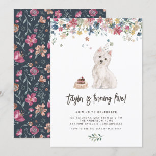 Cute Waterverf Westie Floral Kids Birthday Party Kaart