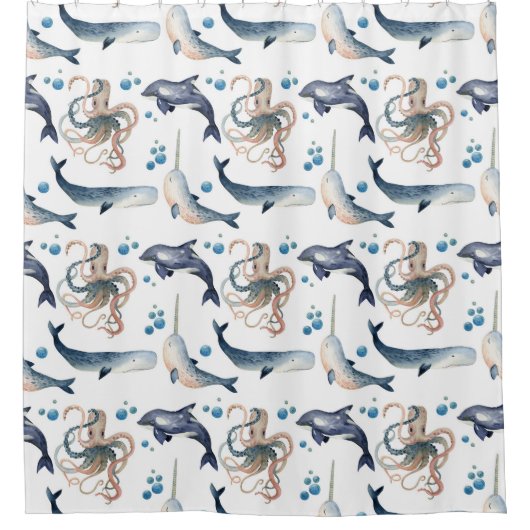 Cute Waterverf Whale/Octopus Shower Curtain Douchegordijn (Voorkant)