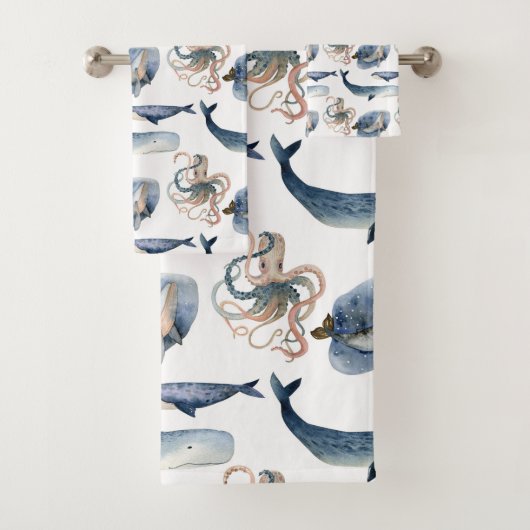 Cute Waterverf Whale/Octopus Towel Set Bad Handdoek (Insitu)