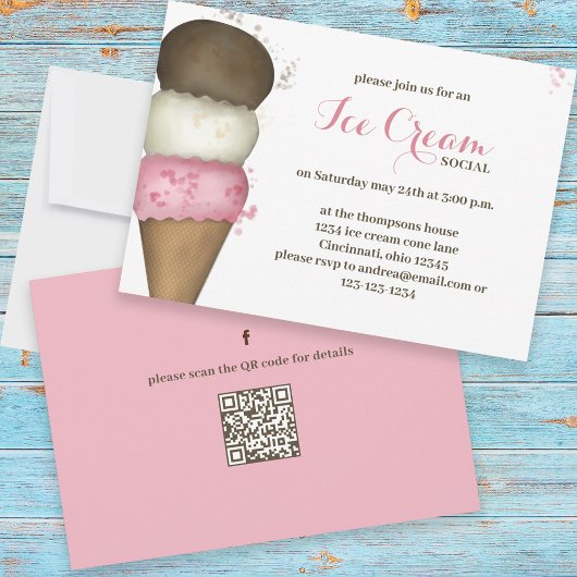 Cute Waterverf Whimsical Ice Cream Social QR Code Kaart
