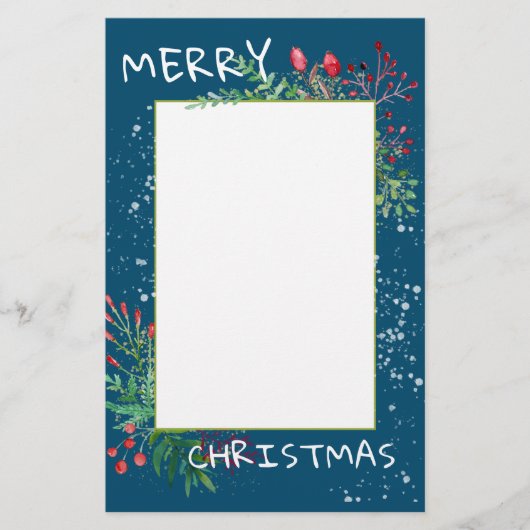 Cute Waterverf Winter Greenery Blue Kerstmis Briefpapier (Voorkant)
