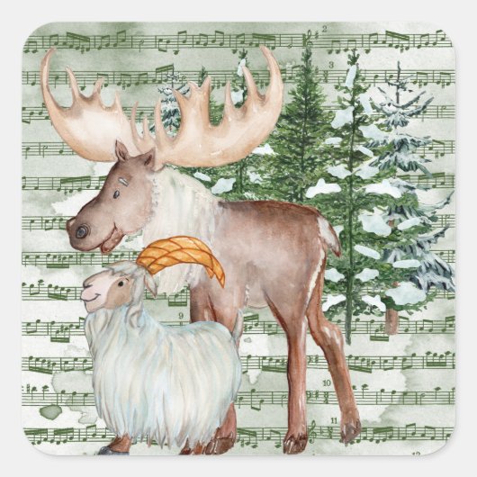 Cute Waterverf Winter Moose en Goat Vierkante Sticker (Voorkant)