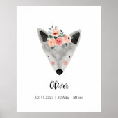 Cute Waterverf Wolf w/Flowers | Boho Nursery Post Poster (Voorkant)