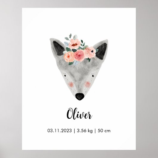 Cute Waterverf Wolf w/Flowers | Boho Nursery Post Poster (Voorkant)