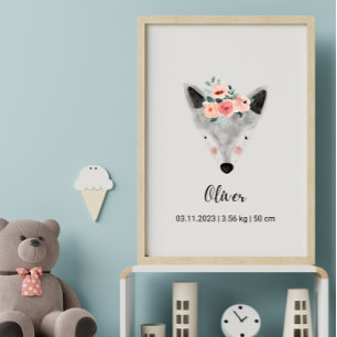 Cute Waterverf Wolf w/Flowers   Boho Nursery Post Poster
