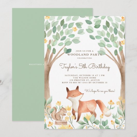 Cute Waterverf Woodland Fox kinderen Birthday Part Kaart (Voorkant / Achterkant)