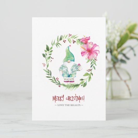 Cute Waterverf Wreatand and Gnome Holiday Card Feestdagenkaart (Staand voorkant)