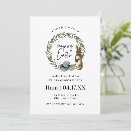 Cute Waterverf Wreath Bunny Easter Brunch Kaart (Staand voorkant)