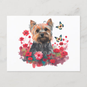 Cute Waterverf Yorkshire Terrier Puppy & Flowers Briefkaart