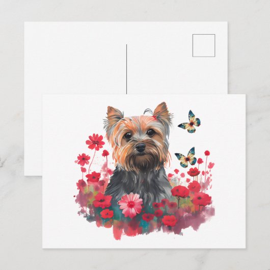 Cute Waterverf Yorkshire Terrier Puppy & Flowers Briefkaart (Voorkant / Achterkant)