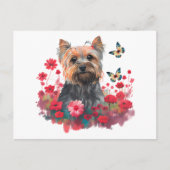 Cute Waterverf Yorkshire Terrier Puppy & Flowers Briefkaart (Voorkant)