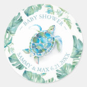 Cute Waterverf Zee Turtle & Greenery Favor Ronde Sticker (Voorkant)