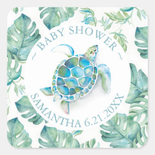 Cute Waterverf Zee Turtle & Greenery Favor Vierkante Sticker