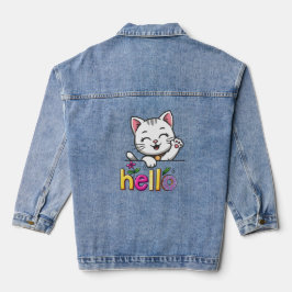Cute Waving Cat Hallo Kleurrijke Retro Spijkerjas Denim Jacket