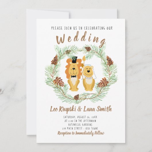 Cute Wedding Couple Lion Groom & Bride Invitation Kaart (Voorkant)