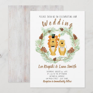 Cute Wedding Couple Lion Groom & Bride Invitation Kaart