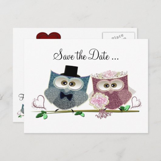 Cute Wedding Owls Aankondigingskaart (Voorkant / Achterkant)