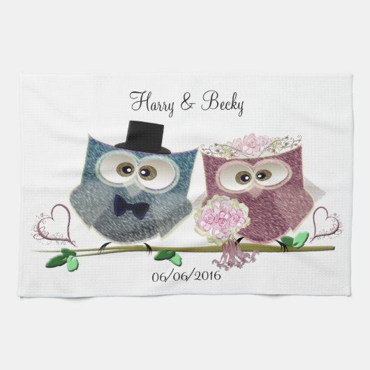 Cute Wedding Owls personaliseren Tea Towel Theedoek (Horizontaal)