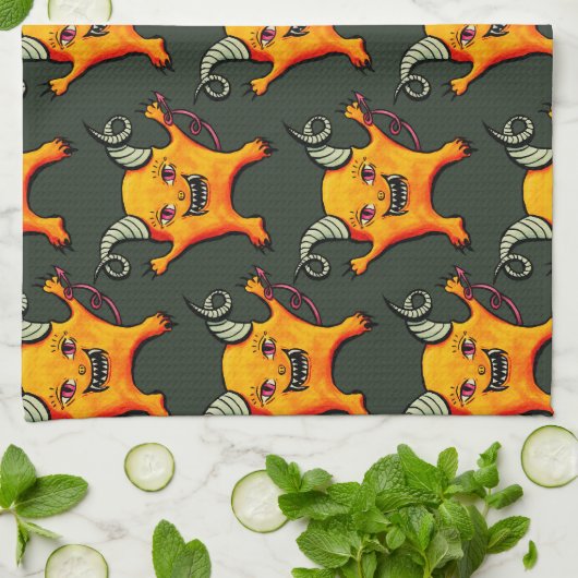 Cute Weird Horned Little Devil CreatPattern Theedoek (Gevouwen)