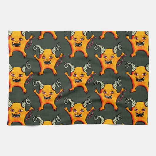 Cute Weird Horned Little Devil CreatPattern Theedoek (Horizontaal)