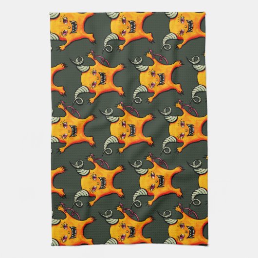Cute Weird Horned Little Devil CreatPattern Theedoek (Verticaal)
