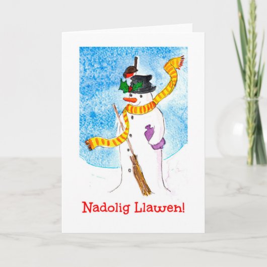 Cute Welsh Kerstmis Kaart, Snowman en Robin Feestdagen Kaart (Voorkant)