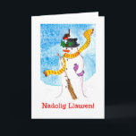Cute Welsh Kerstmis Kaart, Snowman en Robin Feestdagen Kaart<br><div class="desc">Een leuke kerstKaart met Happy Kerstmis in Welsh en een robin die op het pet van de sneeuwman is geland en geniet van de heilige bessen. Uit een fluitende,  handbeschilderde illustratie van Judy Adamson.</div>