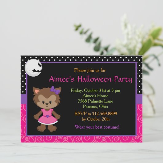 Cute Werewolf Girl Halloween Party Kaart (Staand voorkant)