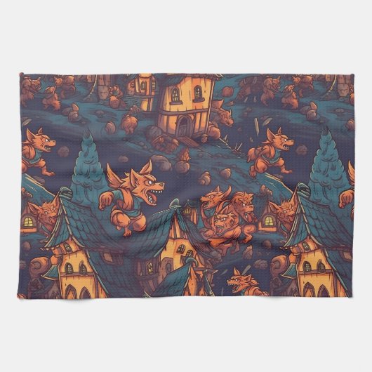 Cute Werewolves die rond een dorp lopen Theedoek (Horizontaal)