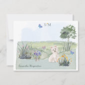Cute Westie Butterfly Meadow Monogram & Naam Notitiekaartje (Voorkant)