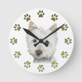 Cute Westie Dog Art en Paws Ronde Klok