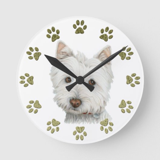 Cute Westie Dog Art en Paws Ronde Klok (Voorkant)