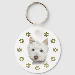 Cute Westie Dog Art en Paws Sleutelhanger