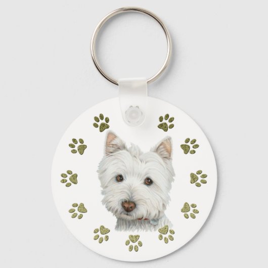 Cute Westie Dog Art en Paws Sleutelhanger (Voorkant)