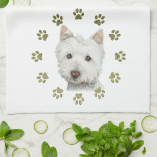 Cute Westie Dog Art en Paws Theedoek