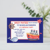 Cute Whale and Boat Birthday Party Invitation Kaart (Staand voorkant)